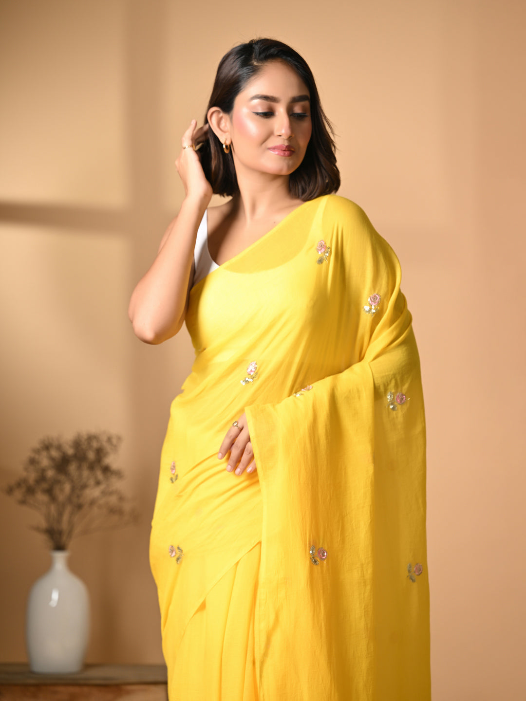 Yellow Rose Mulmul Cotton Saree