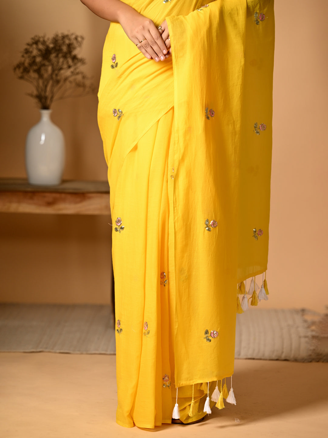 Yellow Rose Mulmul Cotton Saree