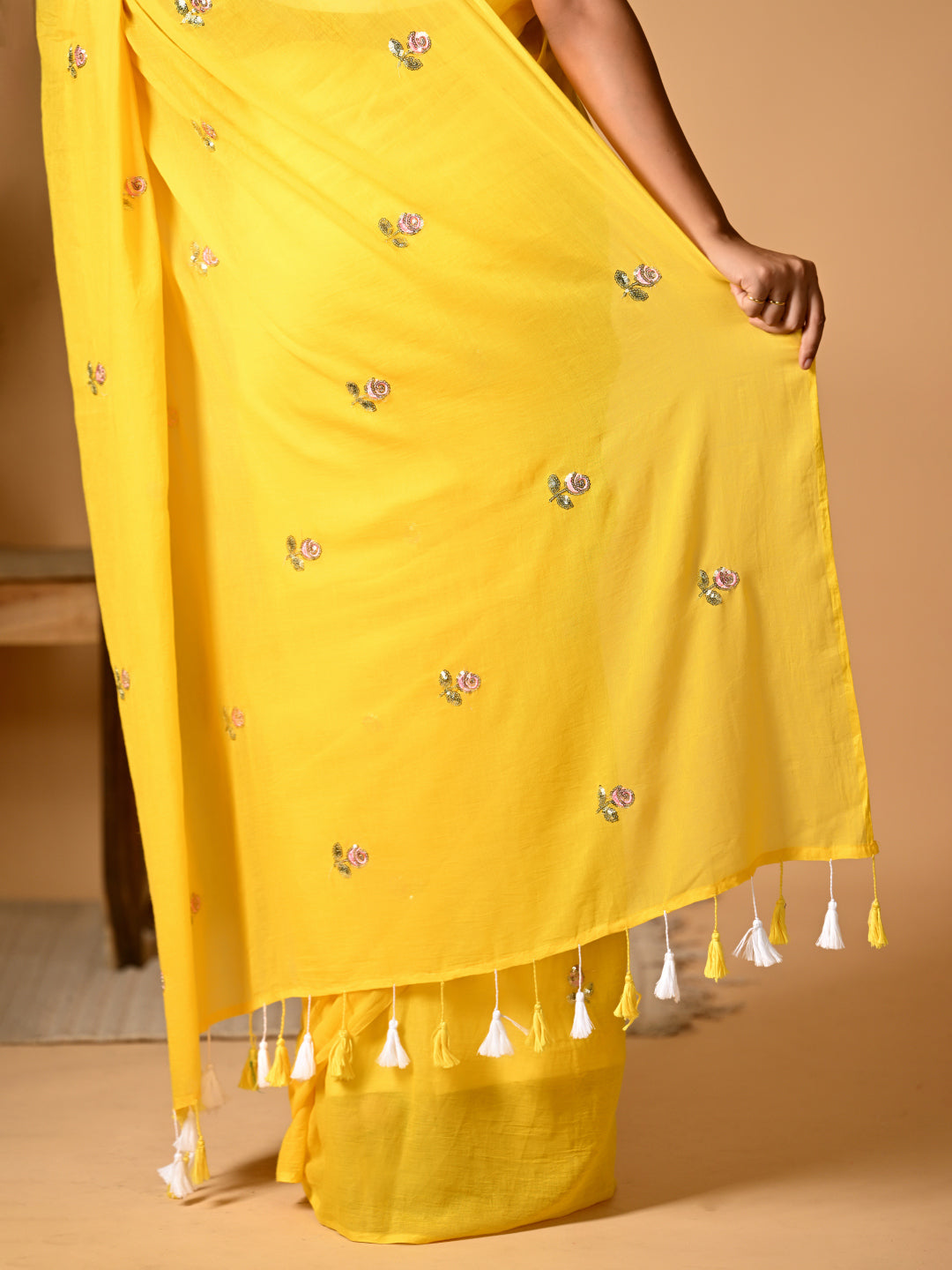 Yellow Rose Mulmul Cotton Saree