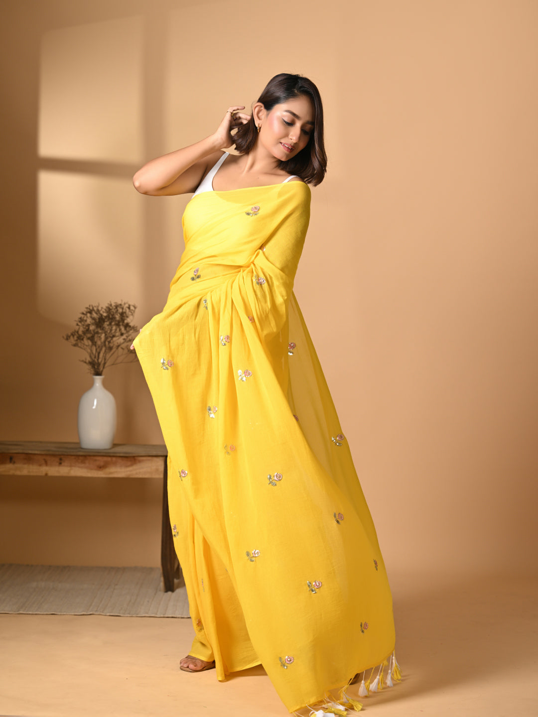 Yellow Rose Mulmul Cotton Saree