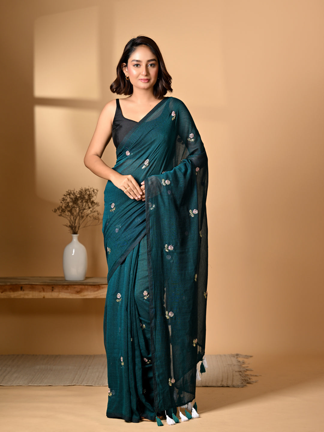 Turquoise Blue Mulmul Cotton Saree