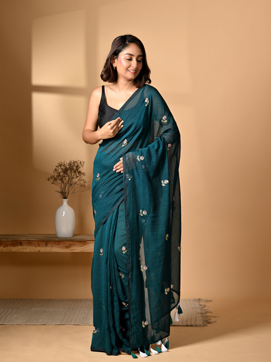 Turquoise Blue Mulmul Cotton Saree