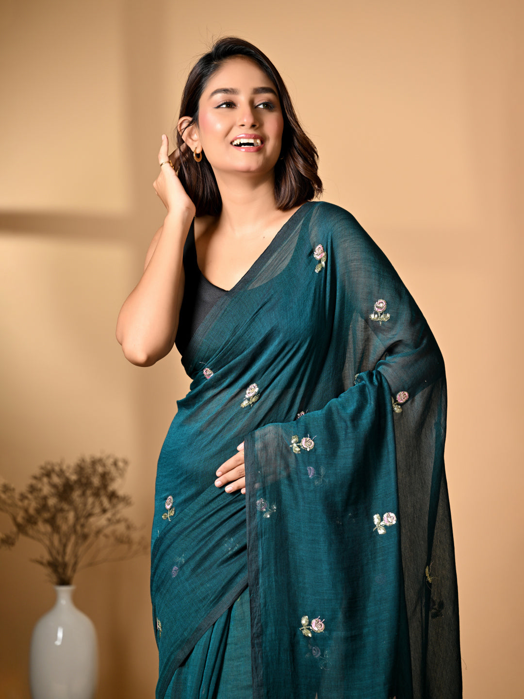 Turquoise Blue Mulmul Cotton Saree