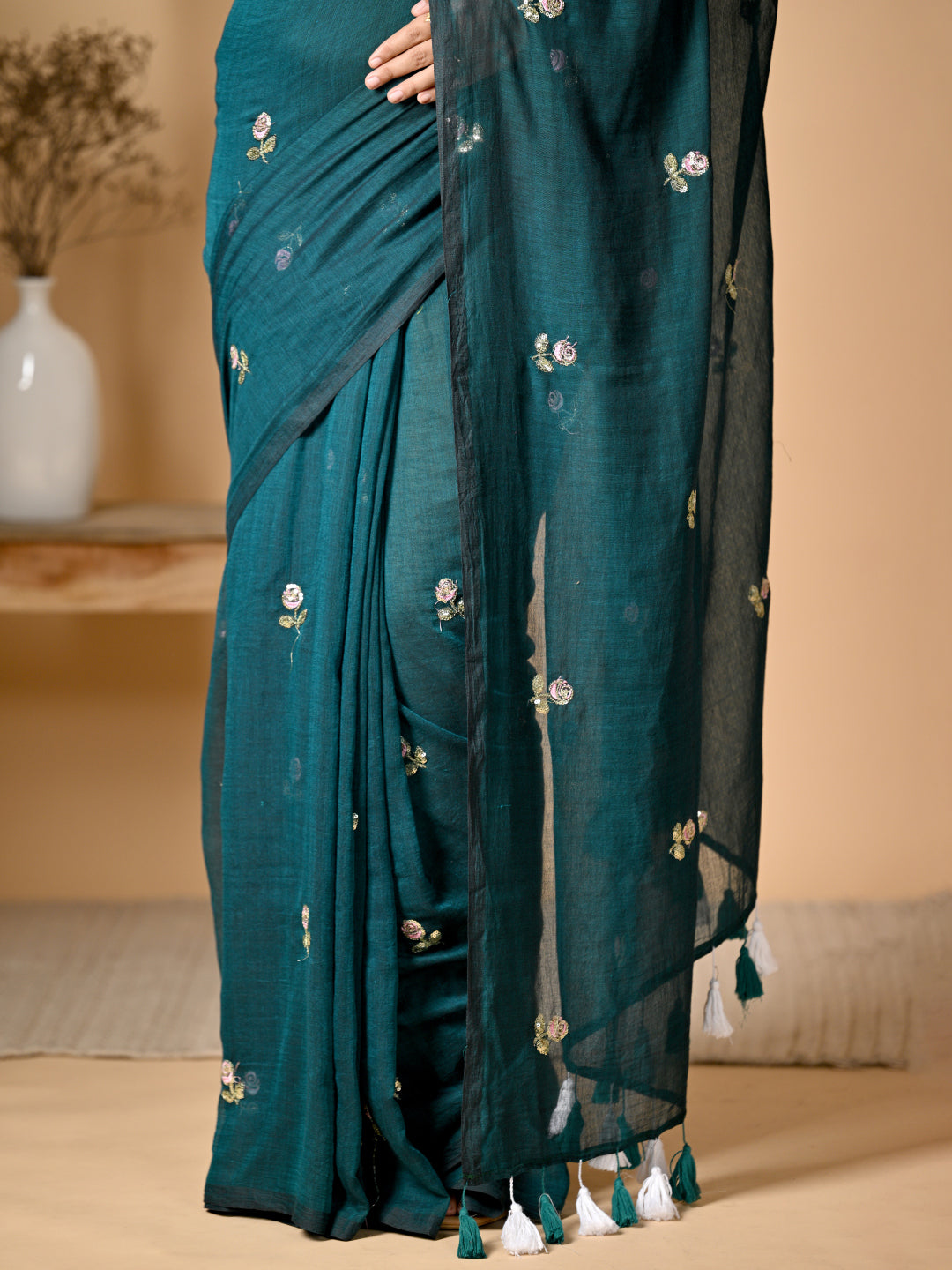 Turquoise Blue Mulmul Cotton Saree