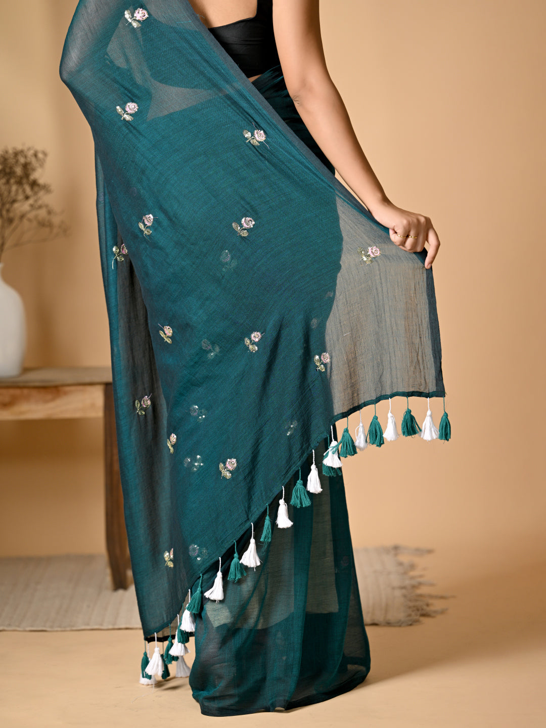 Turquoise Blue Mulmul Cotton Saree