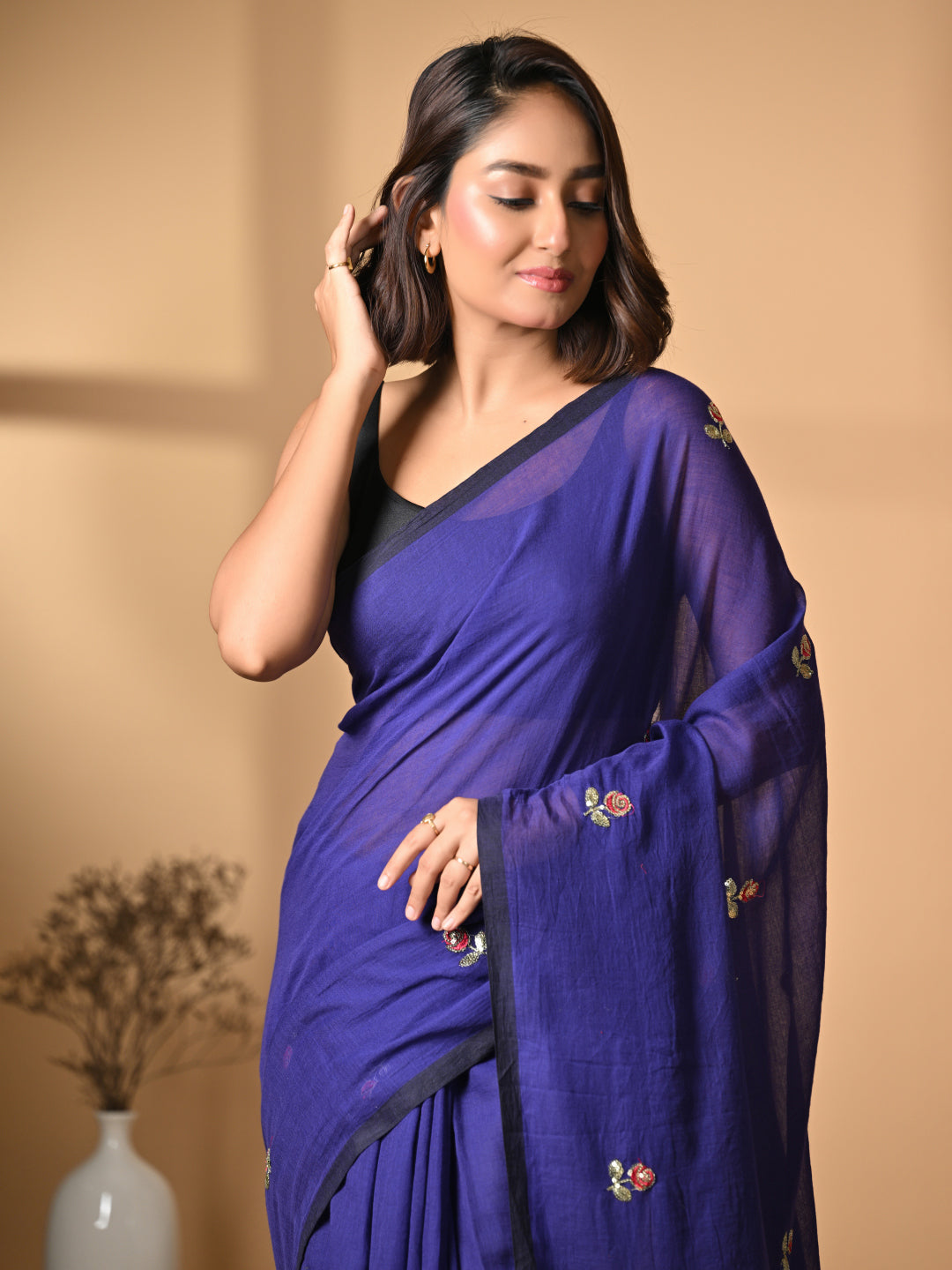 Purple Mulmul Cotton Saree