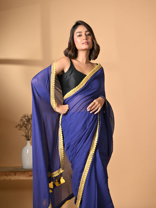 Blue Zari  Mulmul Cotton Saree