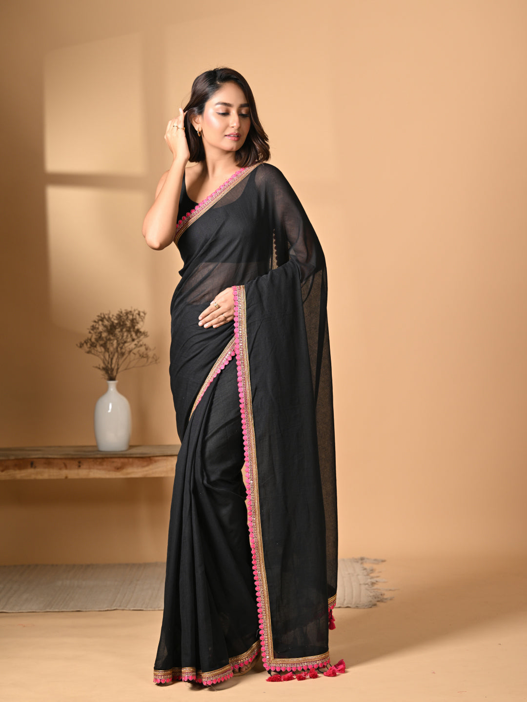 Black Zari  Mulmul Cotton Saree