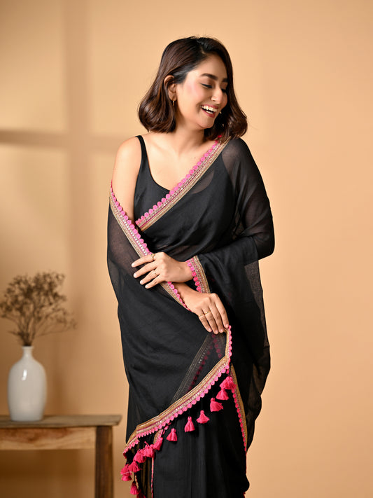 Black Zari  Mulmul Cotton Saree