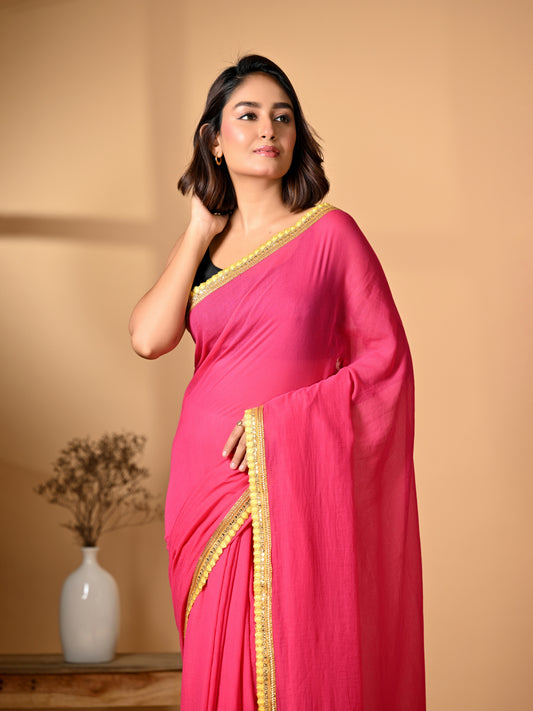 Pink Zari  Mulmul Cotton Saree