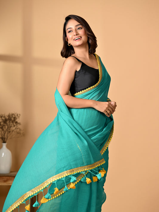 Sea Green Mulmul Cotton Saree