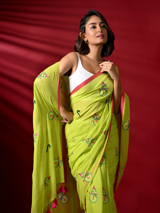 Green Mulmul Cotton Saree