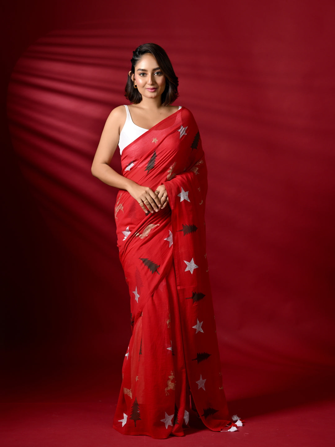 Red Mulmul Cotton Saree