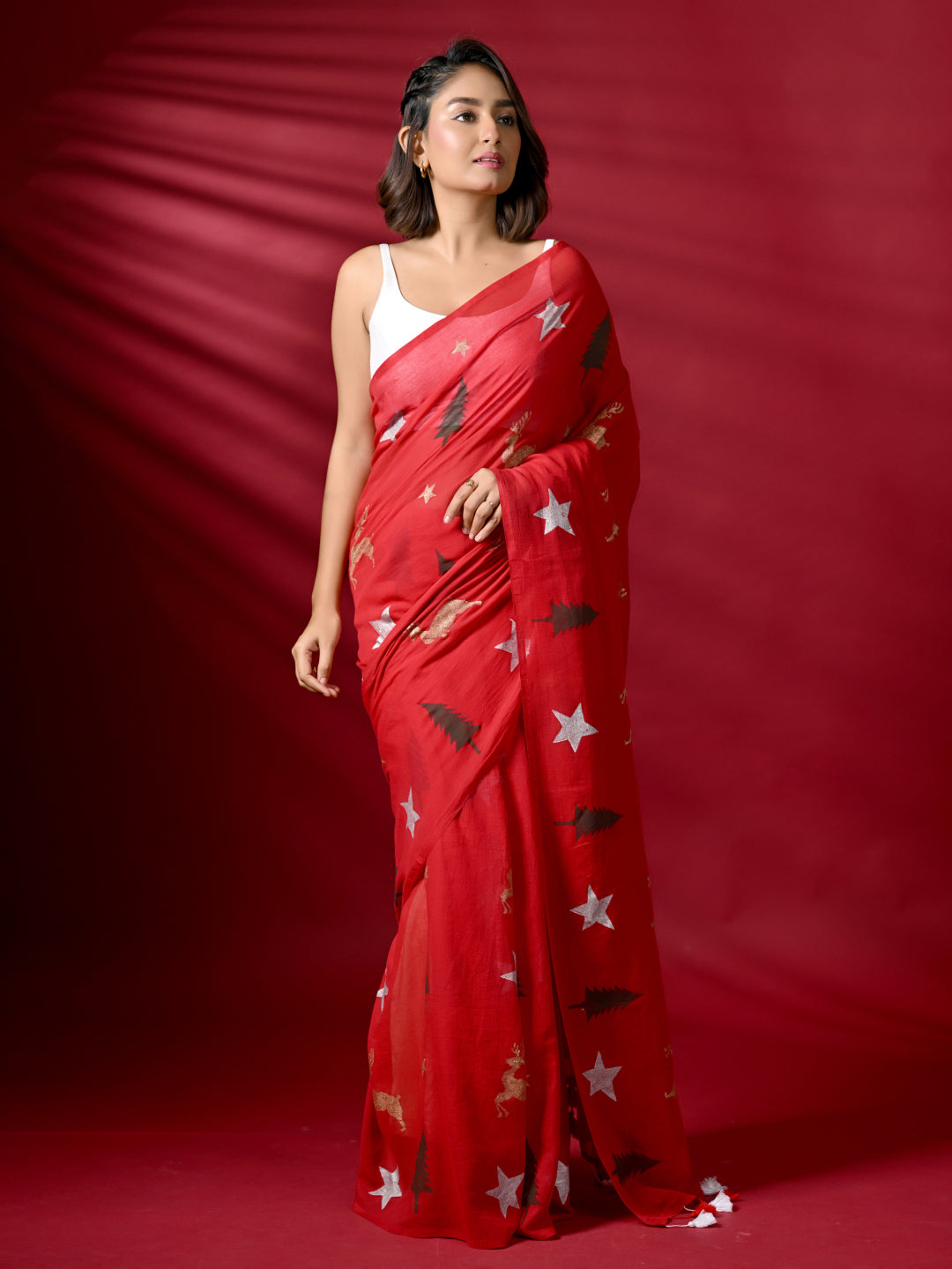 Red Mulmul Cotton Saree