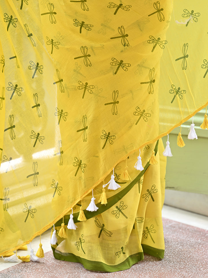 Yellow Mulmul Cotton Saree