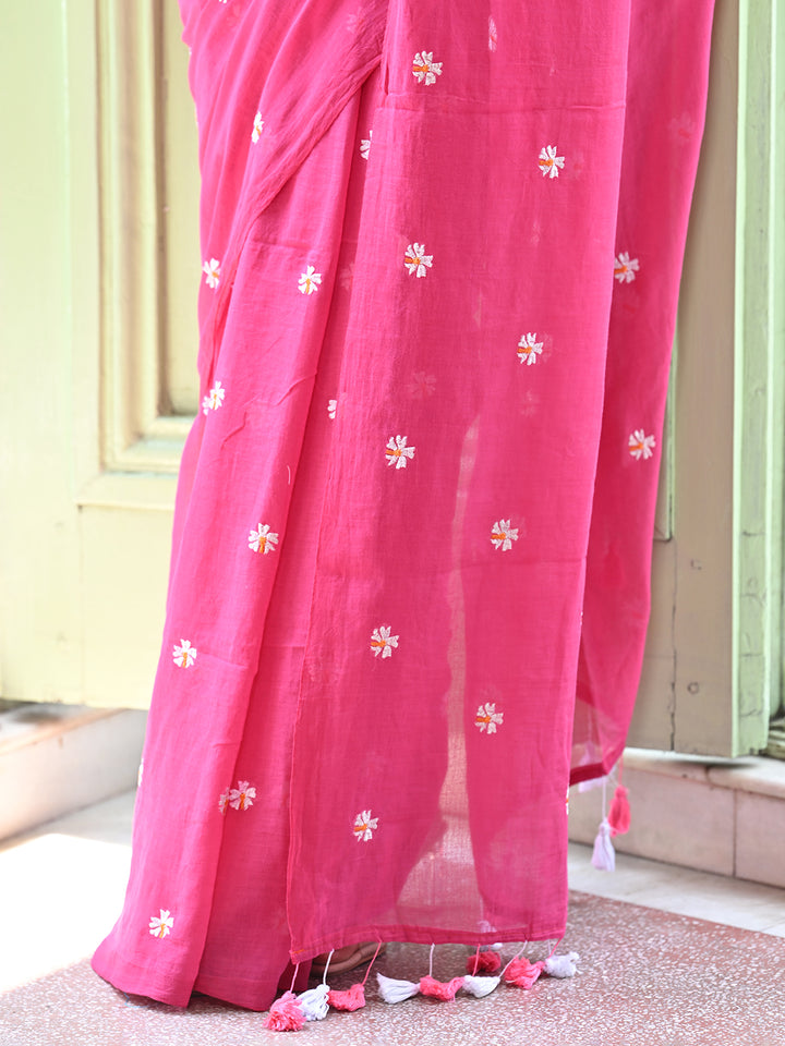 Pink Mulmul Cotton Saree