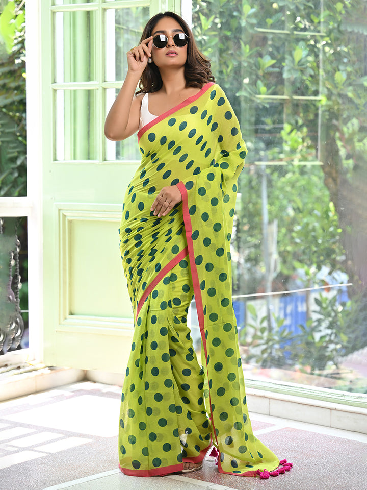 Green Polka Dots Mulmul Cotton Saree