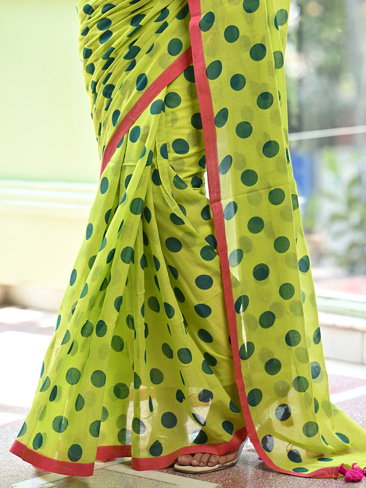 Green Polka Dots Mulmul Cotton Saree