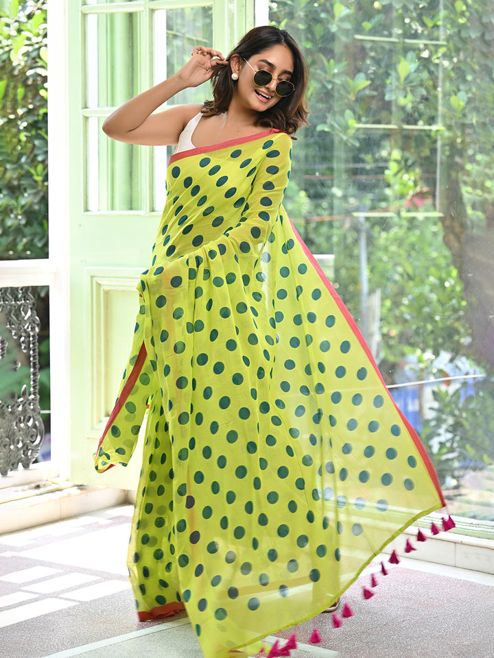 Green Polka Dots Mulmul Cotton Saree