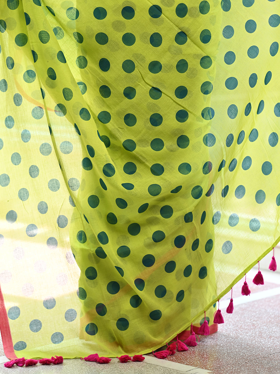 Green Polka Dots Mulmul Cotton Saree
