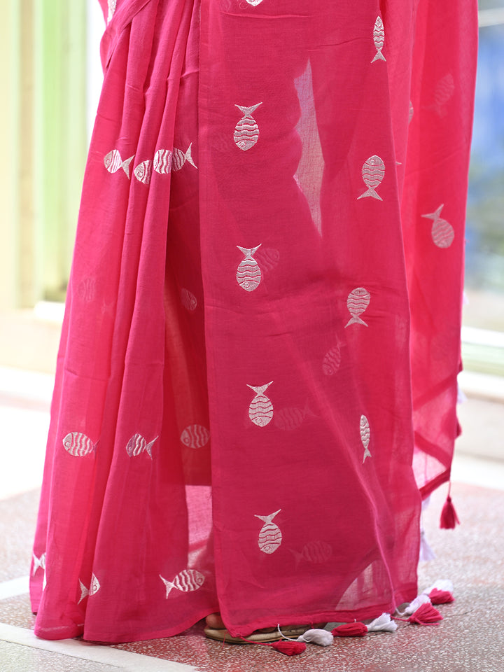 Pink Fish Motifs Mulmul Cotton Saree