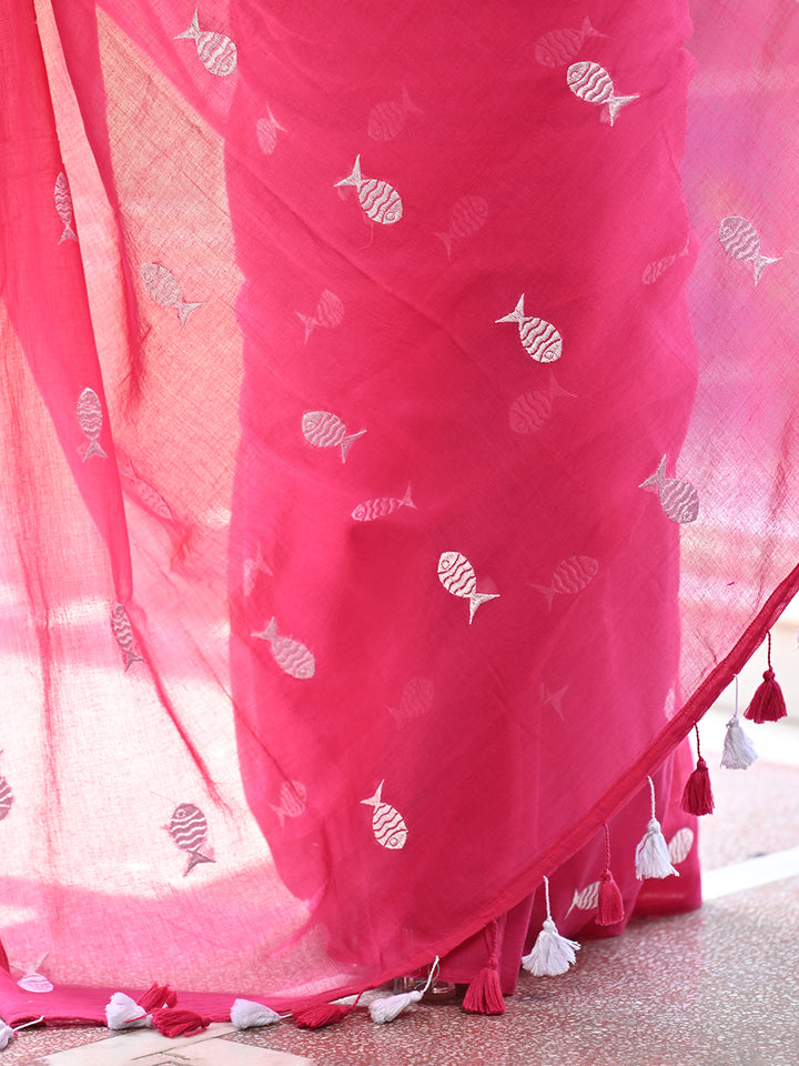 Pink Fish Motifs Mulmul Cotton Saree
