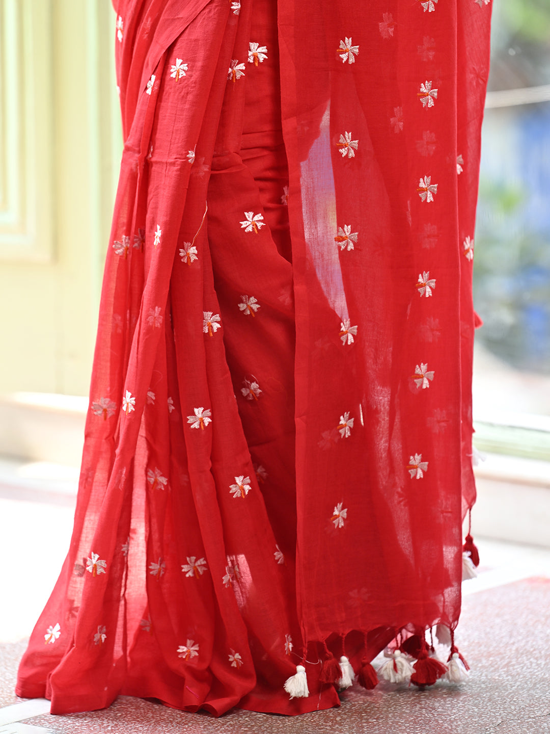 Red Mulmul Cotton Saree