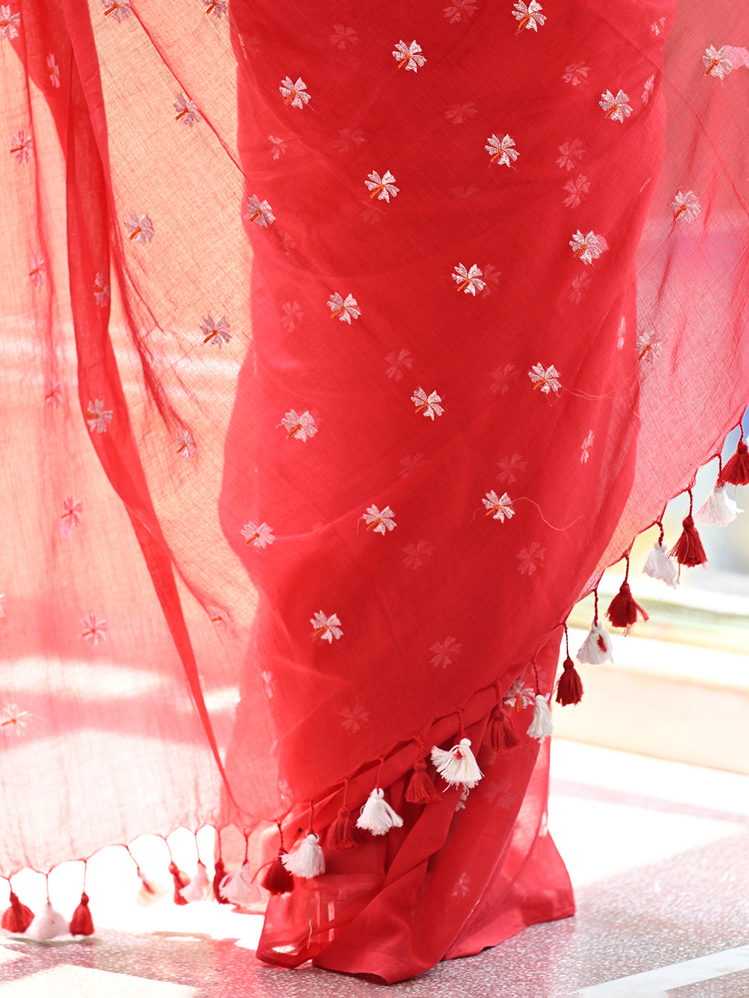 Red Mulmul Cotton Saree