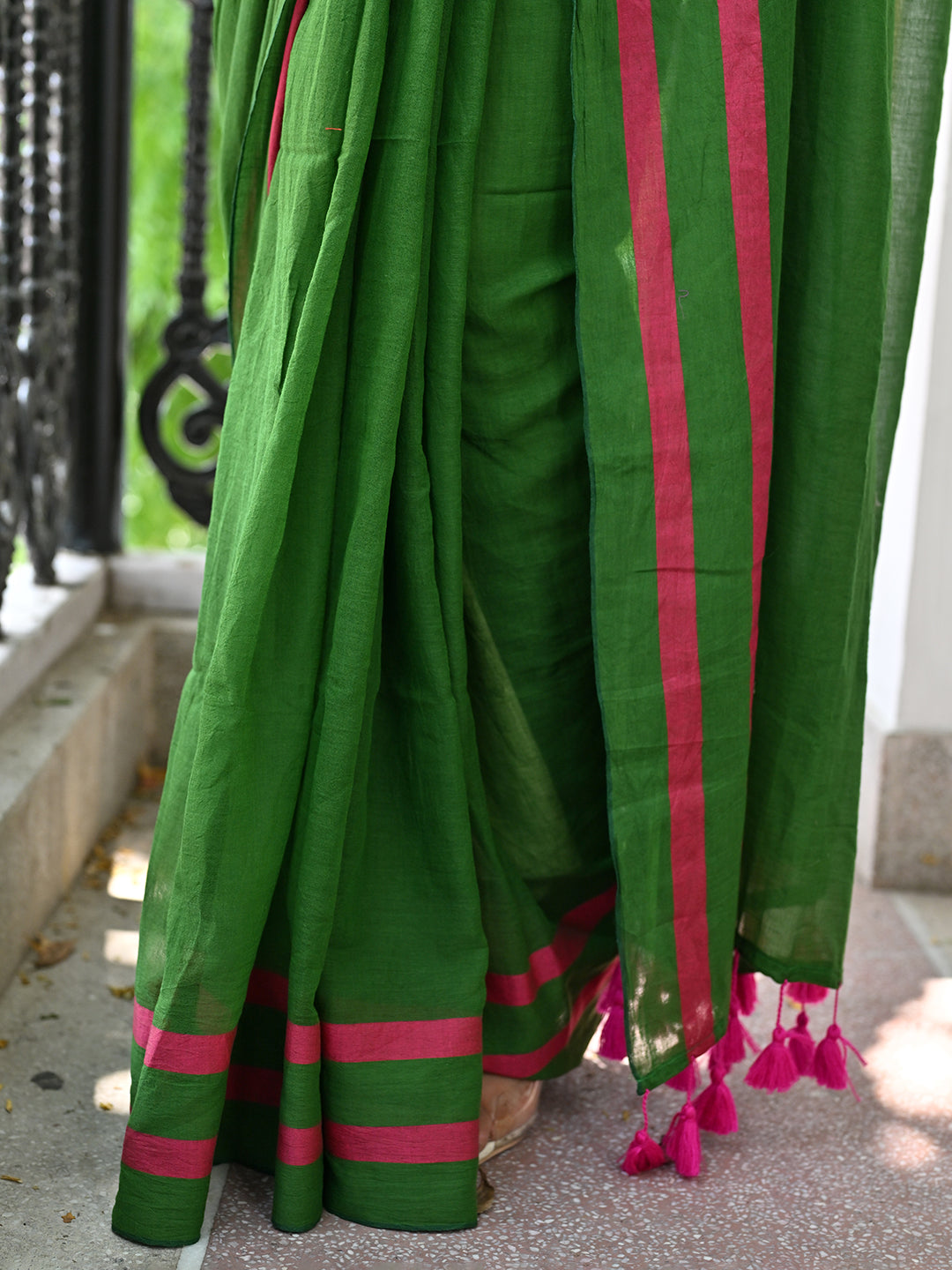 Deep Green Pink Mulmul Cotton Saree