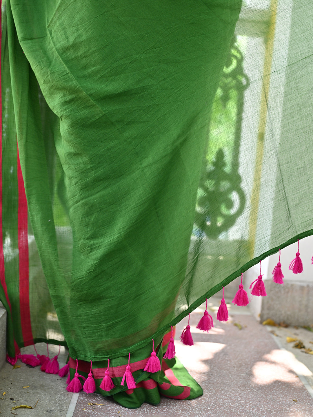 Deep Green Pink Mulmul Cotton Saree