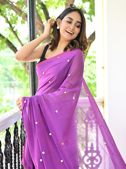 Purple Sequined Mulmul Cotton Saree