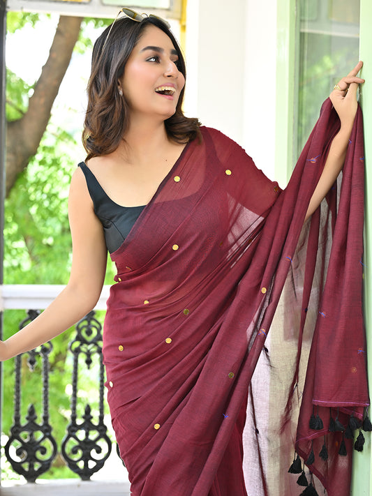 Maroon Sequined Mulmul Cotton Saree