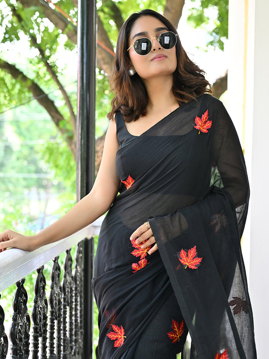 Midnight Ember Leaves Black Mulmul Cotton Saree