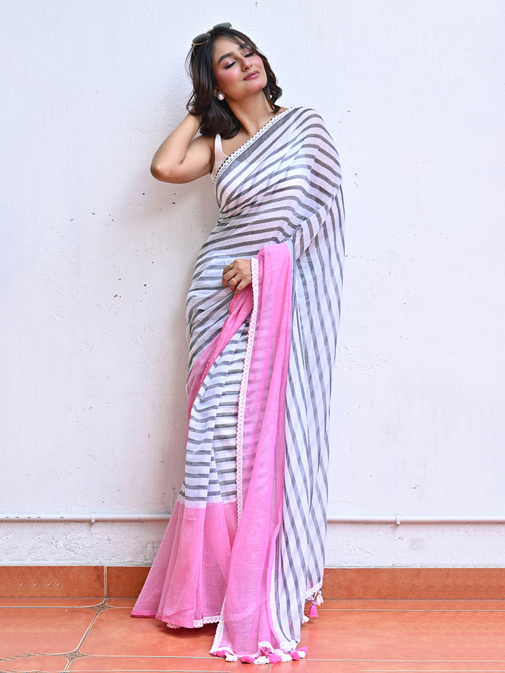 Pink Striped Mulmul Cotton Saree