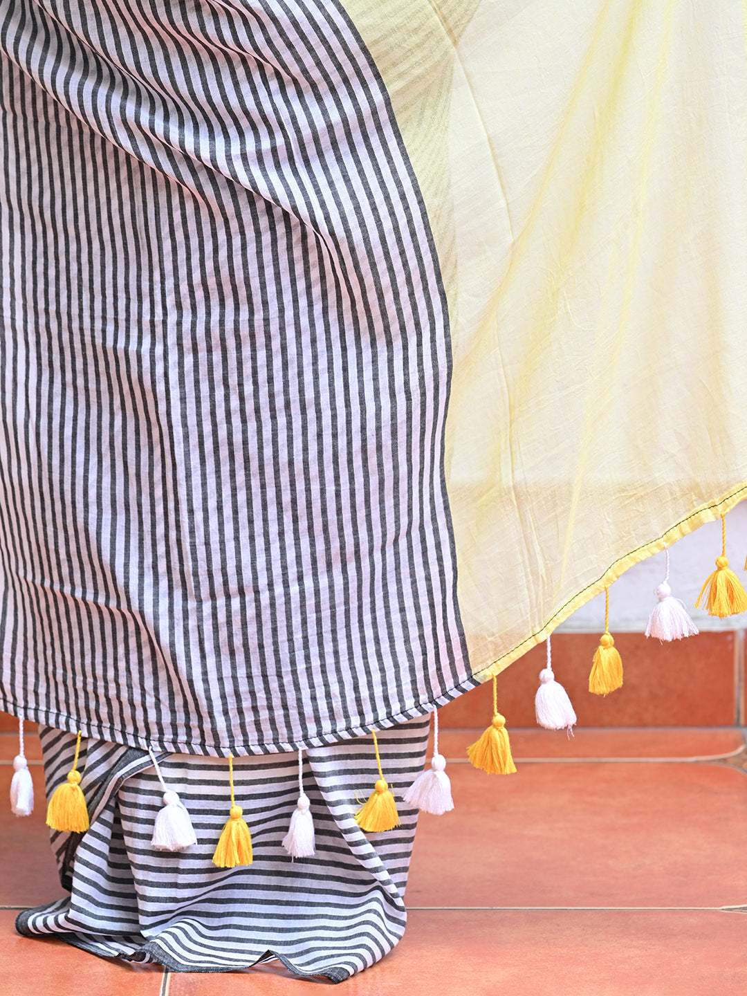 Yellow Striped Mulmul Cotton Saree