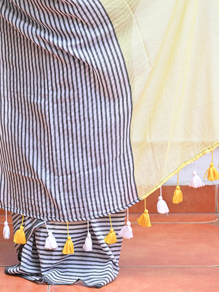 Yellow Striped Mulmul Cotton Saree