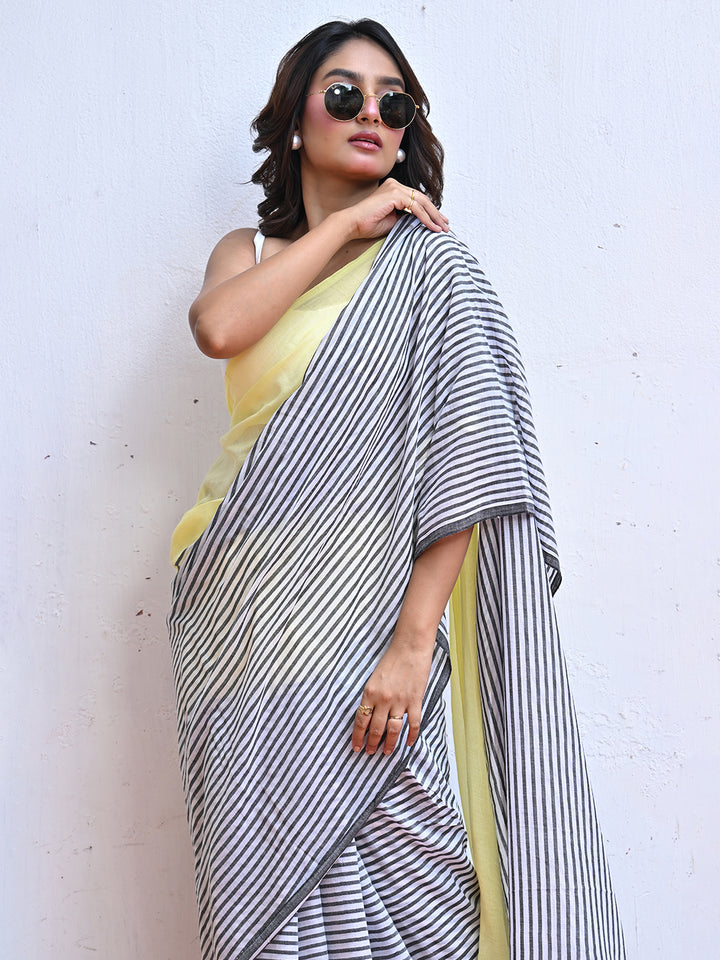 Yellow Striped Mulmul Cotton Saree