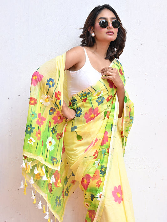 Yellow Hand Painted Mulmul Cotton Saree