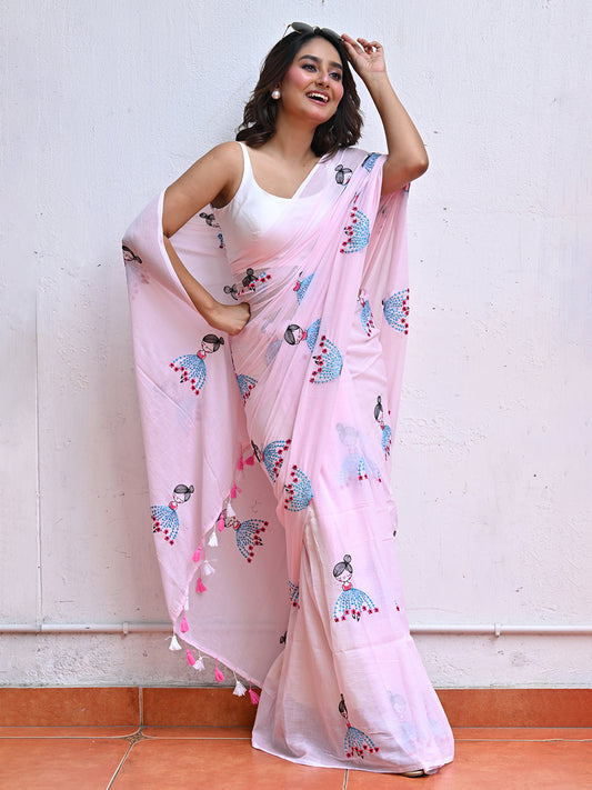 Pink Embroidery Mulmul Cotton Saree