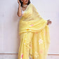 Yellow Hand Painted Mulmul Cotton Saree