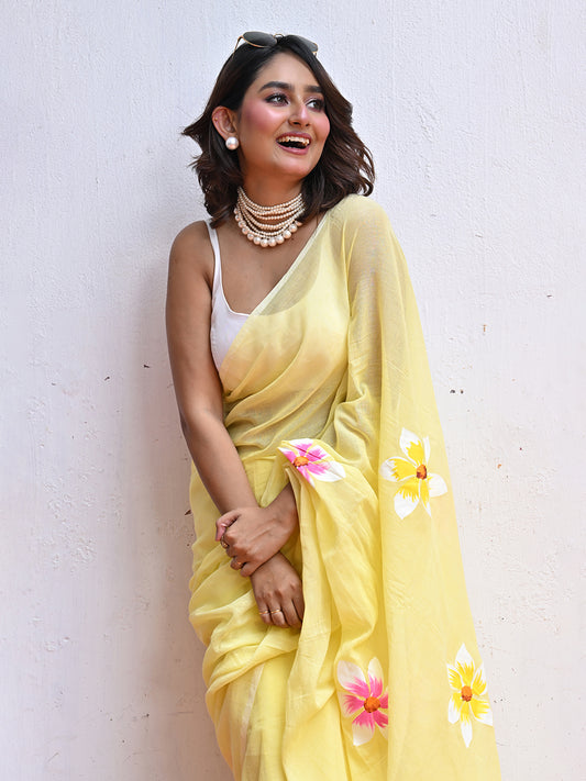 Yellow Hand Painted Mulmul Cotton Saree