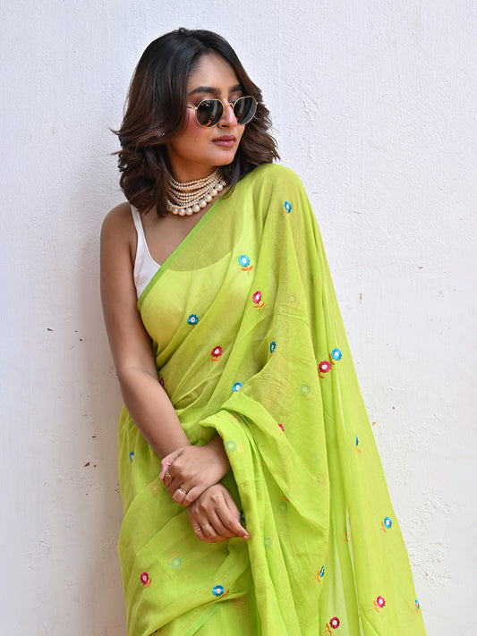Green Mulmul Cotton Saree