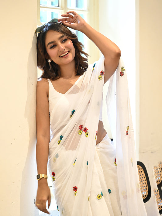 White Mulmul Cotton Saree