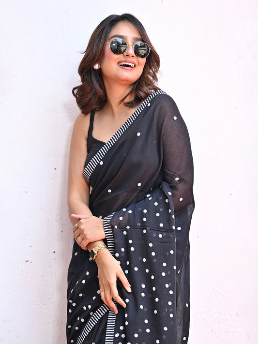 Black Polka Dots Mulmul Cotton Saree