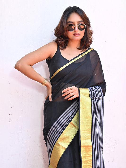 Yellow Striped Mulmul Cotton Saree