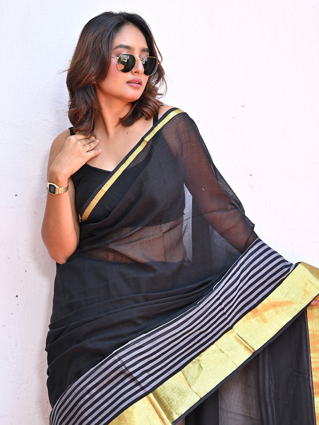 Yellow Striped Mulmul Cotton Saree