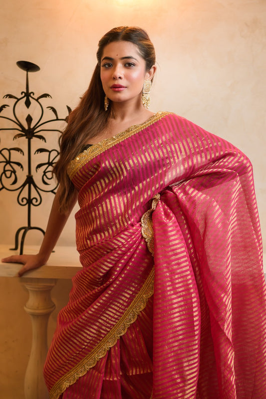 Pink Zari Tissue Saree