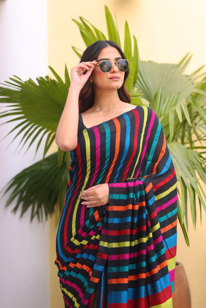 Multicoloured Mulmul Cotton Saree