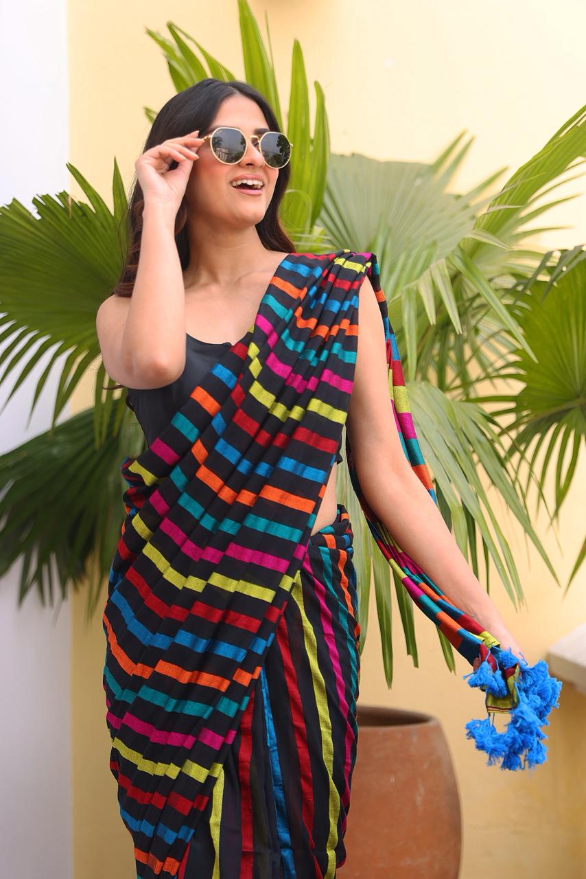 Multicoloured Mulmul Cotton Saree