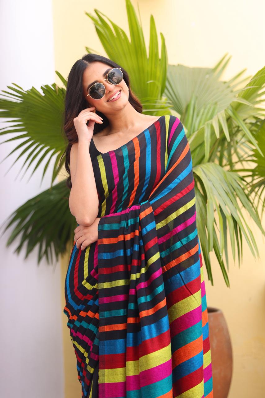 Multicoloured Mulmul Cotton Saree